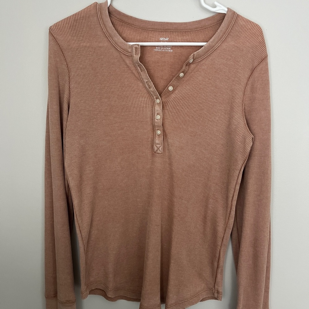 Aerie Button Down Ribbed Top in Tan